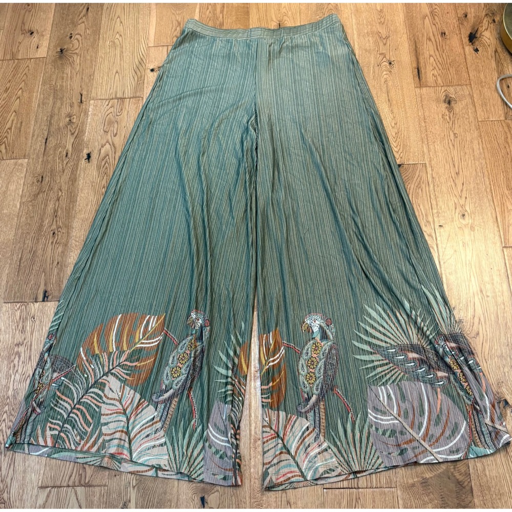 Farm Rio for Anthropologie Green Tropical Parrot Ribbed Wide Leg Pants Size M
